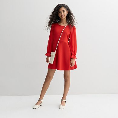 Girls 7-16 Poppies & Roses Long Sleeve Dress With Faux Pearl Purse