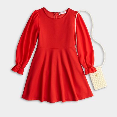 Girls 7-16 Poppies & Roses Long Sleeve Dress With Faux Pearl Purse