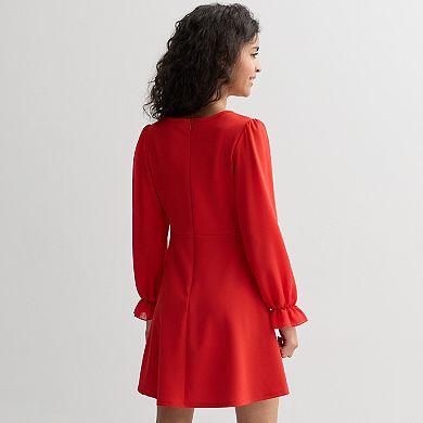 Girls 7-16 Poppies & Roses Long Sleeve Dress With Faux Pearl Purse