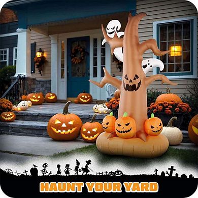 G128 8ft Halloween Haunted Tree with Ghosts and Pumpkins Inflatable Decor with LED Lights