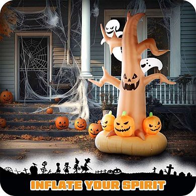 G128 8ft Halloween Haunted Tree with Ghosts and Pumpkins Inflatable Decor with LED Lights