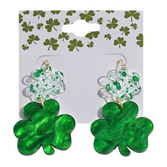 Gold Tone Green Clover Drop Earrings