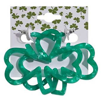 Silver Tone St. Patrick's Day Large Clover Outline Hoop Earrings