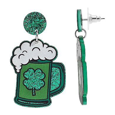 Silver Tone St. Patrick's Day Beer Mug Dangle Earrings