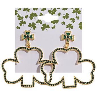 Gold Tone St. Patrick's Day Rhinestone Clover Leaf Earrings