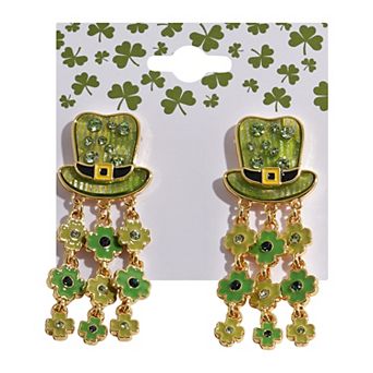 Gold Tone St. Patrick's Day Hat with Clover Dangle Drop Earrings