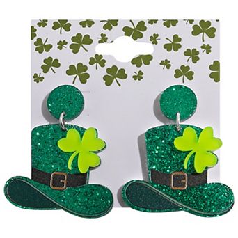 Silver Tone St. Patrick's Day Shamrock Glitter Hat Earrings