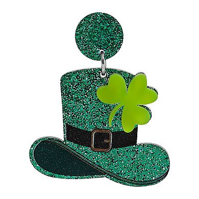 Silver Tone St. Patrick's Day Shamrock Glitter Hat Earrings