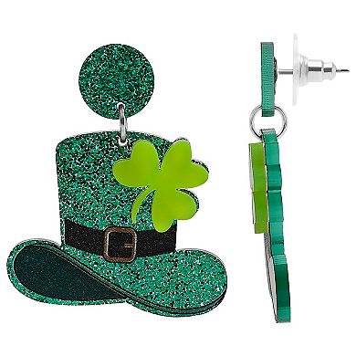 Silver Tone St. Patrick's Day Shamrock Glitter Hat Earrings