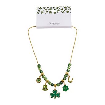 Gold Tone St. Patrick's Day Clover Charms Beaded Necklace