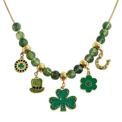 Gold Tone St. Patrick's Day Clover Charms Beaded Necklace