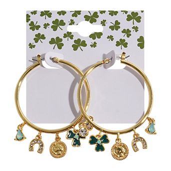 Gold Tone St. Patrick's Day Charm Hoop Drop Earrings
