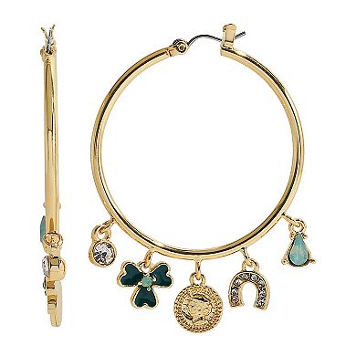 Gold Tone St. Patrick's Day Charm Hoop Drop Earrings