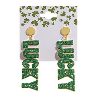 Gold Tone St. Patrick's Day “Lucky” Green Beaded Post Drop Earrings
