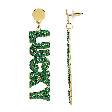 Gold Tone St. Patrick's Day “Lucky” Green Beaded Post Drop Earrings