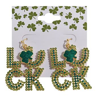 Gold Tone St. Patrick's Day “Luck” Clover Green Beaded Earrings