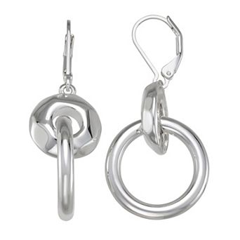 Nine West Silver Tone Sculpted Double Hoop Drop Earrings