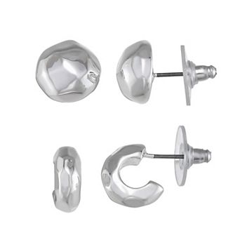 Nine West Silver Tone 2-Pair Sculpted Stud & Hoop Earring Set