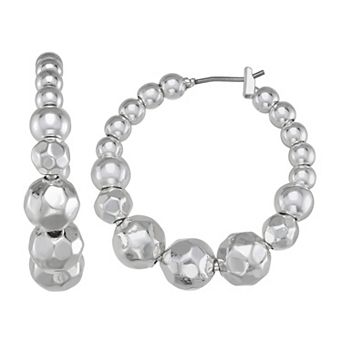 Nine West Silver Tone Sculpted Bead Hoop Earrings