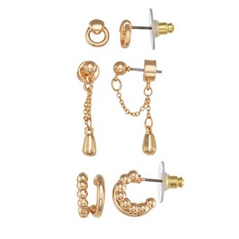 Nine West 3-Pair Gold-Tone Stud, Drop, & Hoop Earring Set