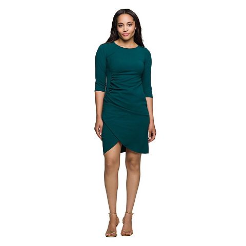 Женские платья 24Seven Women's 24Seven Comfort Apparel Three-Quarter Sleeve Ruched Tulip Hem Mini Dress