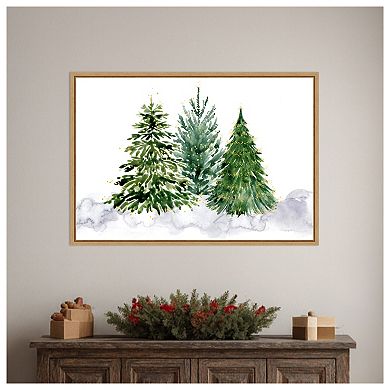Three watercolor Christmas trees by Rosana Laiz Blursbyai Framed Canvas Wall Art Print