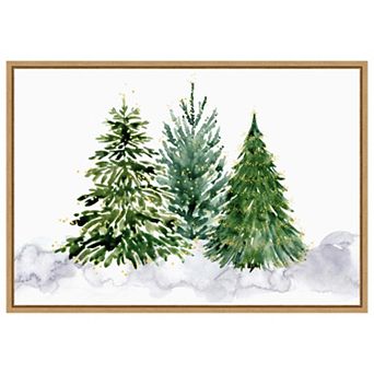 Three watercolor Christmas trees by Rosana Laiz Blursbyai Framed Canvas Wall Art Print