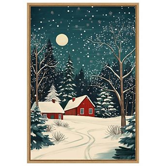 Red Houses and Snowy night sky by Pictufy Studio Framed Canvas Wall Art Print
