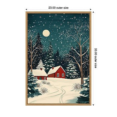 Red Houses and Snowy night sky by Pictufy Studio Framed Canvas Wall Art Print
