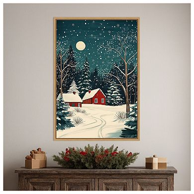 Red Houses and Snowy night sky by Pictufy Studio Framed Canvas Wall Art Print