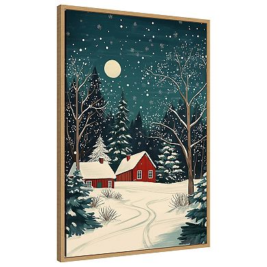 Red Houses and Snowy night sky by Pictufy Studio Framed Canvas Wall Art Print
