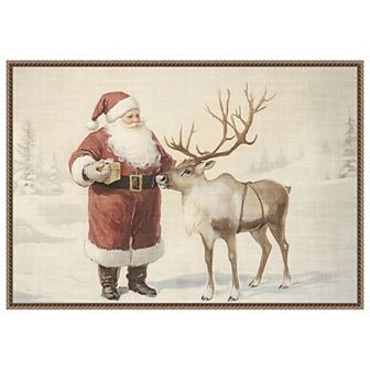 Santa Claus with Reindeer in Winter Wonderland by Melloi Art Prints Framed Canvas Wall Art Print