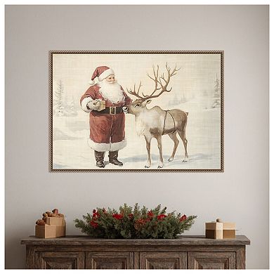 Santa Claus with Reindeer in Winter Wonderland by Melloi Art Prints Framed Canvas Wall Art Print