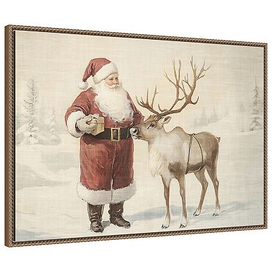 Santa Claus with Reindeer in Winter Wonderland by Melloi Art Prints Framed Canvas Wall Art Print