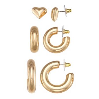 Nine West 3-Pair Gold-Tone Heart Stud & Hoop Earrings Set