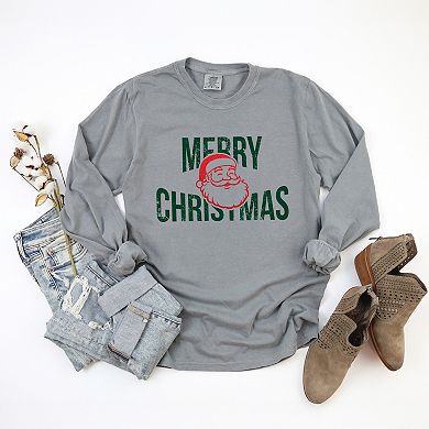 Merry Christmas Arched Glitter Santa - Womens Garment Dyed Long Sleeve