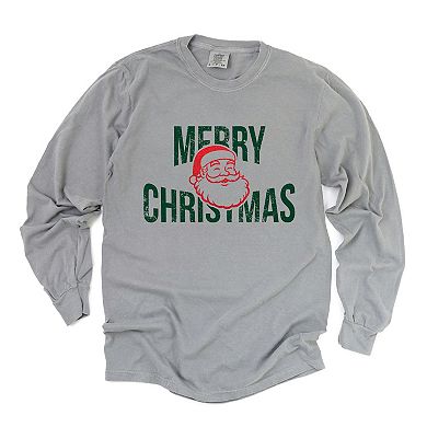 Merry Christmas Arched Glitter Santa - Womens Garment Dyed Long Sleeve