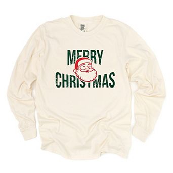 Merry Christmas Arched Glitter Santa - Womens Garment Dyed Long Sleeve