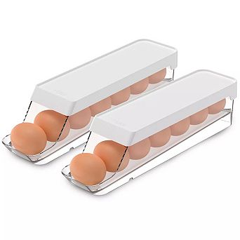 OU Egg Holder for Fridge, Rolling Egg Organizer for Refrigerator Organization, Clear Container 2 pc