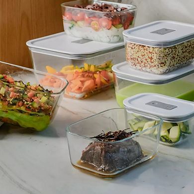 OU Glass Food Storage Container Set 4pc (set of 2) Airtight with Microwave Valve, Stackable