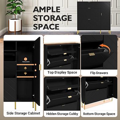 Clihome Shoe Cabinet with 3 Flip Drawers and Side Cabinet