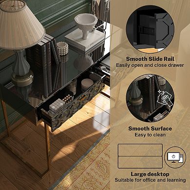 Clihome Glossy Home Office Writing Desk with Storage Drawers