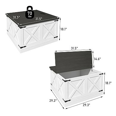 Clihome Farmhouse White Square Coffee Table with Hidden Storage