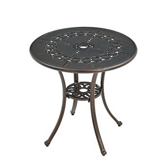 Clihome Round Cast Aluminum Patio Side Table with Umbrella Hole