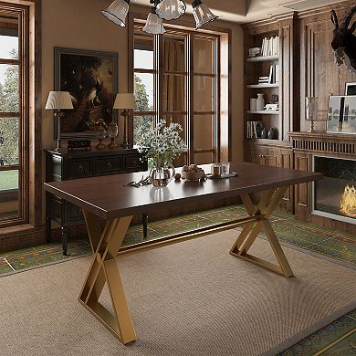 Clihome Walnut Wood Dining Table with Stainless Steel Base
