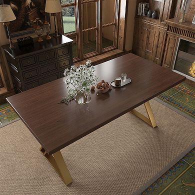 Clihome Walnut Wood Dining Table with Stainless Steel Base