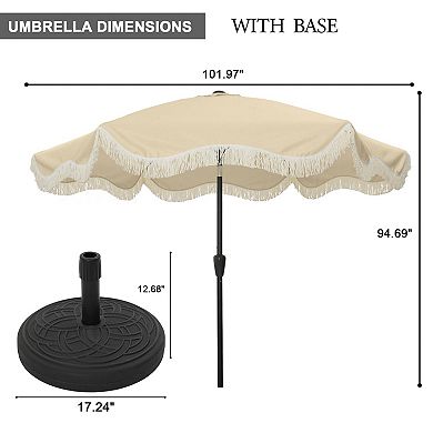 Clihome 9ft Fringe Patio Umbrella Tilt Function Boho Umbrella with Base