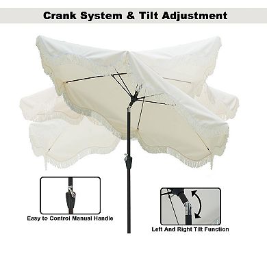 Clihome 9ft Fringe Patio Umbrella Tilt Function Boho Umbrella with Base