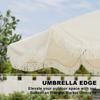 Clihome 9ft Fringe Patio Umbrella Tilt Function Boho Umbrella with Base
