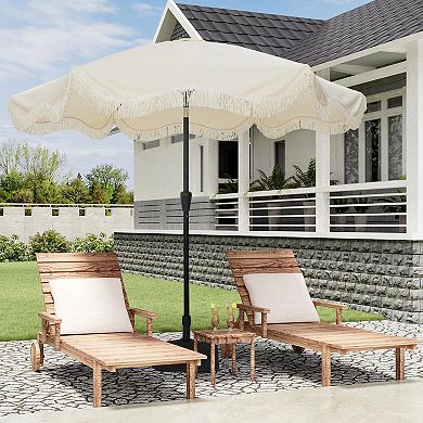 Clihome 9ft Fringe Patio Umbrella Tilt Function Boho Umbrella with Base